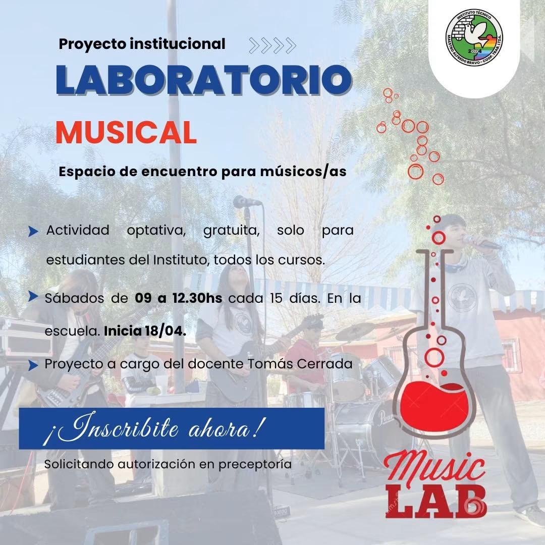 LABORATORIO MUSICAL🎼🎤  Espacio de encuentro para músicos/as   ➡️Los sábados, cada quince días. De 09.00 a 12.30hs  ➡️Inicia el 18/04  📍En la escuela   Actividad optativa, gratuita solo para estudiantes del ITMAB (todos los cursos).  🎸Para inscribirte solo tenes que solicitar autorización en preceptoría!  -Actividad a cargo del docente Tomas Cerrada