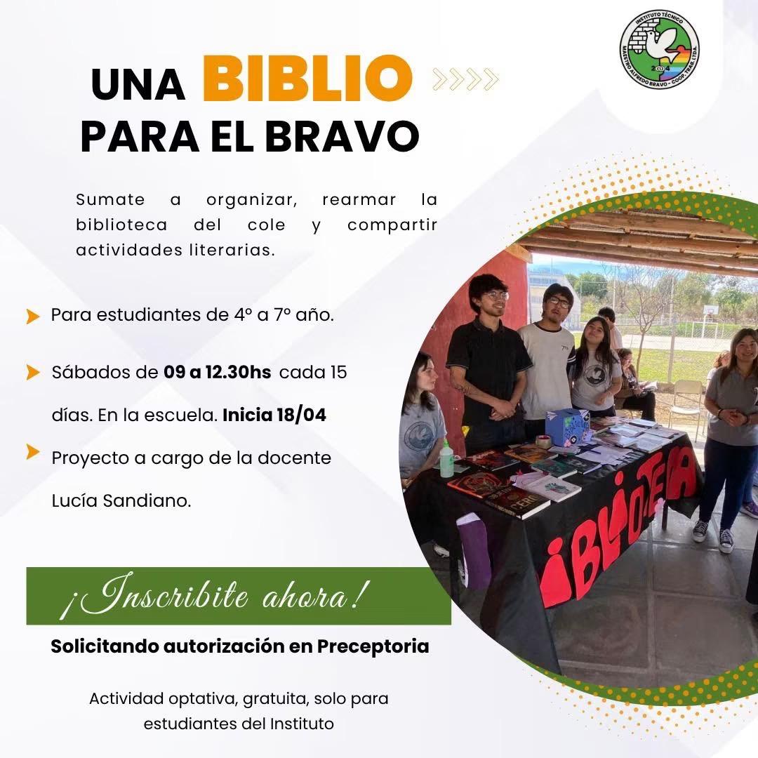 UNA BIBLIO PARA EL BRAVO 📚  Sumate a organizar, rearmar la biblioteca del cole y compartir actividades literarias   ➡️Los sábados, cada quince días. De 09.00 a 12.30  ➡️Inicia el 18/04  📍En la escuela   Actividad optativa, gratuita para estudiantes de 4 a 7 año .  📖solo para estudiantes del ITMAB  📚Para inscribirte solo tenes que solicitar autorización en preceptoría!  -Actividad a cargo de la docente Lucía Sandiano